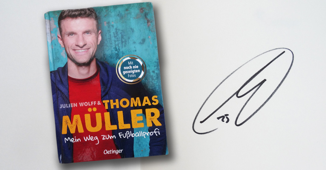 Thomas Müllers signiertes Kinderbuch „Mein Weg zum Fußballprofi“